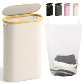 Bathola slim laundry hamper 60L in beige, space-saving design for narrow rooms.