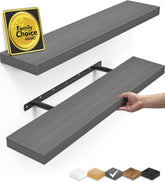BAYKA floating shelves in grey finish mounted on wall for stylish storage.