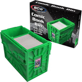 BCW Short Comic Book Bin showing 150-comic capacity in a sturdy green storage box