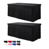 BDDC 6ft black rectangle table skirt with seamless one-piece design.