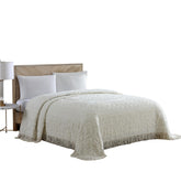 Beatrice Medallion Chenille Bedspread ivory close-up highlights the medallion center