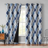 Beauoop blackout curtains in blue-grey Moroccan geo design block light for restful sleep.