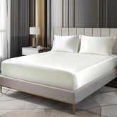 BEDELITE satin fitted sheet ivory queen close-up shows silk-like softness