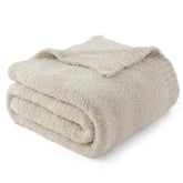 Bedsure beige knit throw blanket front view shows ultra soft texture for cozy evenings.