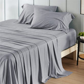 Bedsure California King flat sheet in silver grey, cooling bamboo rayon for breathable comfort.