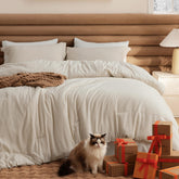 Bedsure full comforter set beige flatlay for easy shopping.
