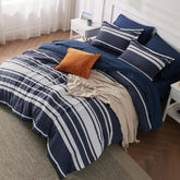Bedsure full comforter set in blue striped close-up for soft texture.