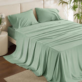 Bedsure full-size cooling sheets, top view, breathable bamboo rayon for hot sleepers.