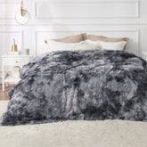 Bedsure GentleSoft fluffy king blanket closeup shows tie-dye grey plush texture for warmth