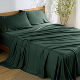 Bedsure king sheet set forest green folded, showcasing soft, rich color.