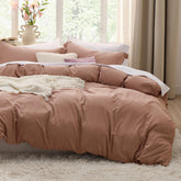 Bedsure Mocha Mousse Duvet Cover on a cozy bed, showcasing ultra-soft microfiber feel.