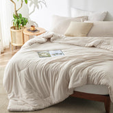 Bedsure oversized queen comforter in beige texture for year-round softness.