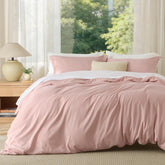Bedsure queen duvet cover in blush pink features soft, double-brushed fabric for cozy nights.