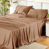 Bedsure queen sheet set cooling fabric shows breathable bamboo rayon.