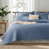 Bedsure queen mineral blue quilt showing plush microfiber softness for year-round comfort