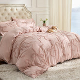 Bedsure tufted rose pink queen comforter showing 3D butterfly bow design for chic bedroom decor