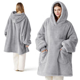 Bedsure wearable blanket hoodie front view shows cozy warmth and plush sherpa texture
