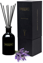 Benevolence LA reed diffusers lavender eucalyptus bottle releasing calming aroma