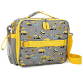 Bentgo Kids Lunch Bag front view with construction trucks print for school use.