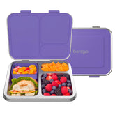 Bentgo Kids stainless steel lunch box shows 3 compartments in purple, ideal for organized meals.