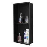 Bernkot stainless shower niche front view with matte black finish and double shelves for organized shower essentials.