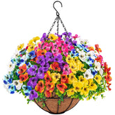Besteek artificial hanging flowers pansy in coconut basket for outdoor porch decor, low maintenance