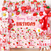 Bezkega berry first birthday banner adds playful strawberry flair to the party.