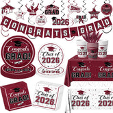 Bezkega Graduation 189pcs tableware set in maroon and white for a coordinated party setup