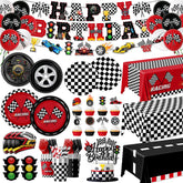 Bezkega race car birthday banner enhances party theme and excitement.