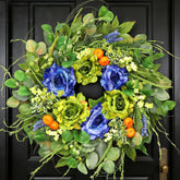 BHHDA 24-inch spring wreath with blue roses enhances your front door curb appeal