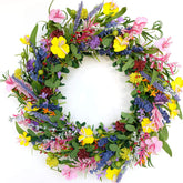 Bibelot 20-inch daisy and lavender wreath on front door showing vibrant spring colors