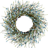 Bibelot blue Forsythia wreath on front door adds year-round curb appeal.