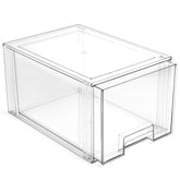 BINO clear stackable drawer on pantry shelf, providing see-through organization for quick access