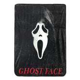 Bioworld Ghost Face Throw Blanket front print design, bold Scream mask for cozy movie nights.