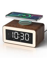 Biseoamz digital alarm clock with wood-grain finish on a nightstand for cozy decor.