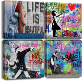Biufo Banksy canvas wall art fourβpiece set adds urban flair to a bedroom.
