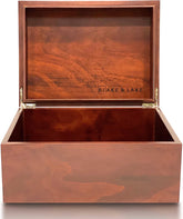 Blake & Lake dark oak large box with hinged lid showing premium craftsmanship and organized storage.