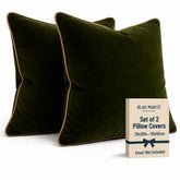 Blau Marité velvet pillow cover in green and camel, front view with contrast piping for living room decor