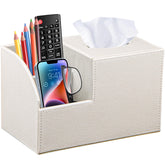 BLIENCE PU leather tissue box cover with storage and remote holder enhances desk organization