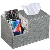 BLIENCE square tissue box cover with remote holder keeps remotes organized by the sofa.