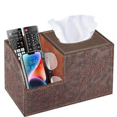 BLIENCE tissue box cover with remote compartment keeps remotes organized by the sofa.