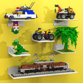 BlissBox 9-pack floating shelves with dual baseplate securely display LEGO bricks on the wall.