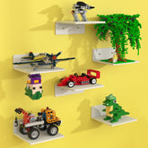 BlissBox brick display shelf front view showing LEGO compatibility and white finish