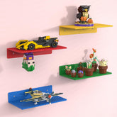 BlissBox brick shelves with dual-sided baseplate securely display LEGO builds