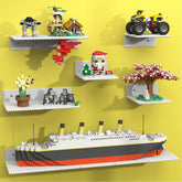 BlissBox floating shelves with a 5x5 inch baseplate for secure brick display.