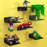 BlissBox floating shelf on wall displaying brick creations securely with dual-sided baseplate.