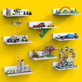 BlissBox wall display shelf with dual-sided baseplate secures brick builds for easy rotation.