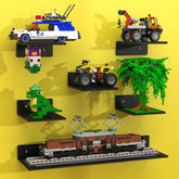 BlissBox wall-floating shelves with Lego-compatible baseplate displaying secure brick builds.