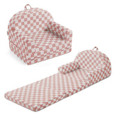 Blissful Diary foldable toddler couch blush checkered seat offers cozy seating.
