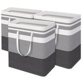 BlissTotes 3-Pack gradient grey laundry basket with freestanding design keeps clothes organized.